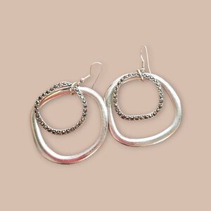 Silver Tone Abstract Double Hoop Earrings with Crystal Accent Inner Ring